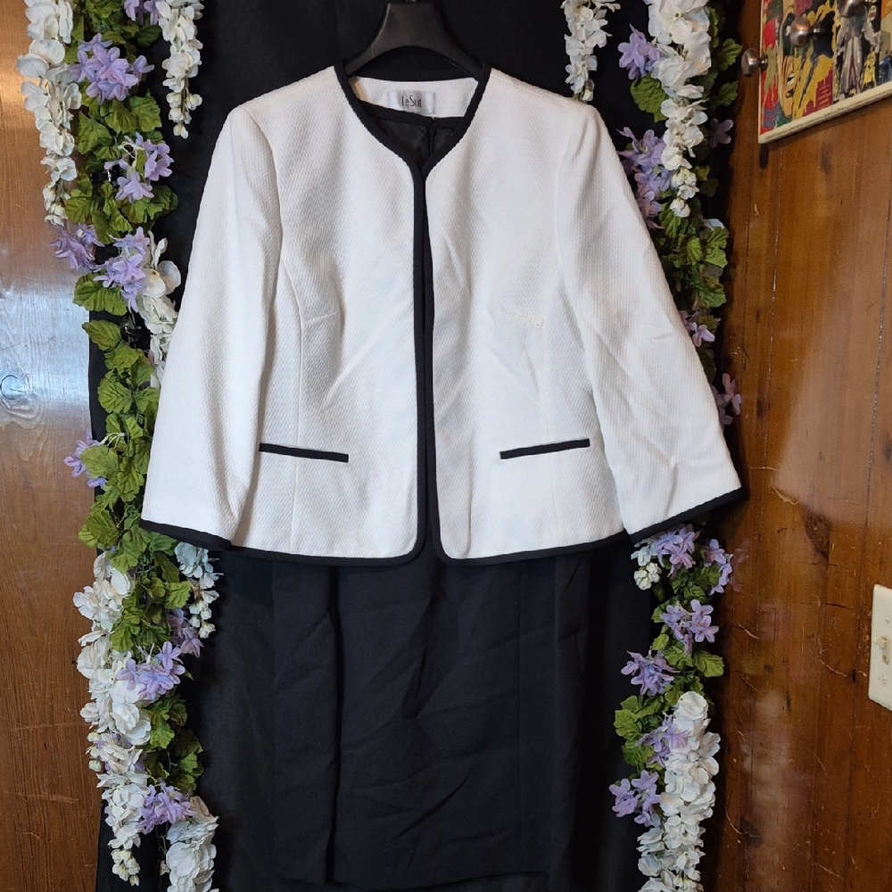 Le Suit White Jacket with Black Trim And Matching Black Dress (2pc Set)